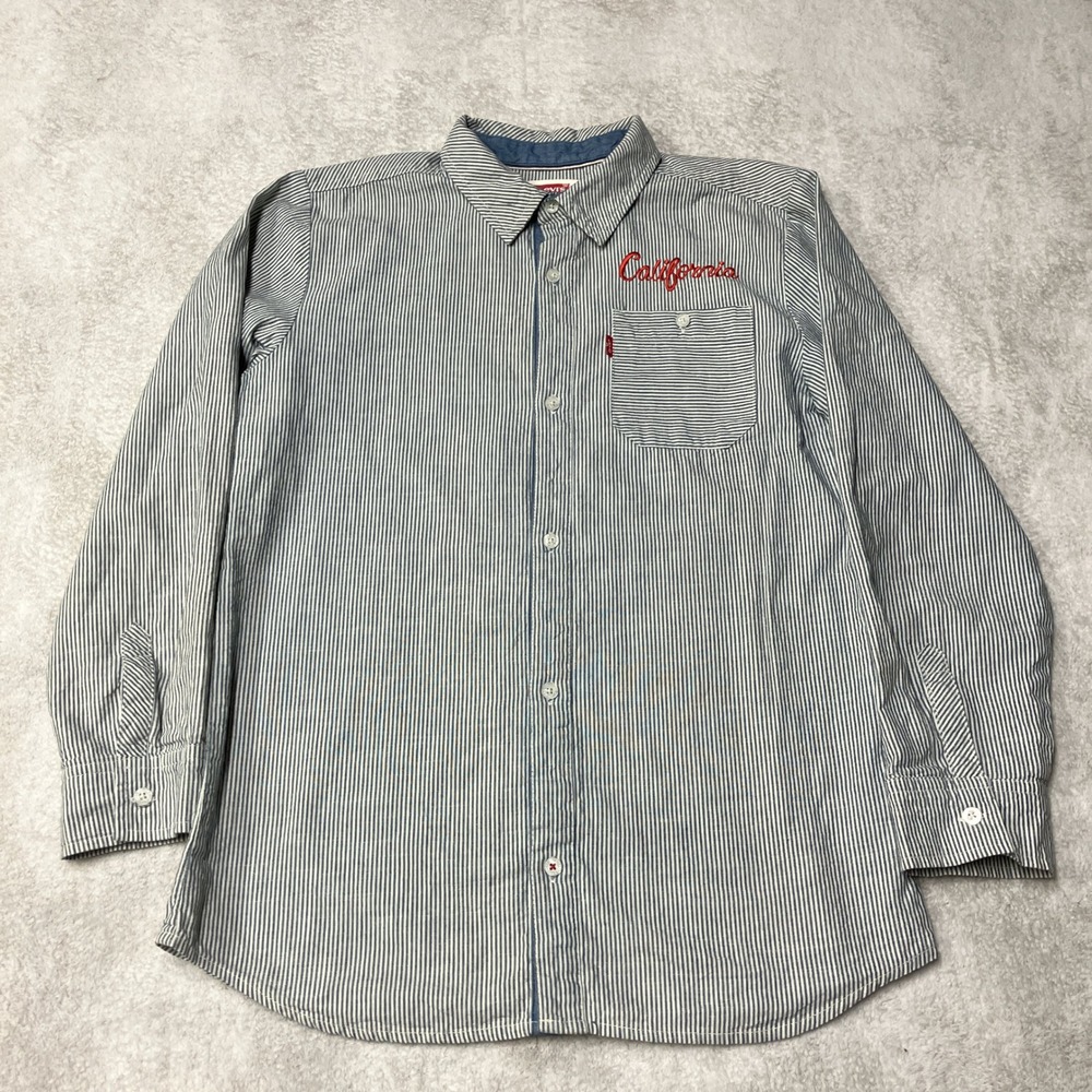 Levis Button Up Shirt California Hickory Stripe Blue White Boys Size L 12-13Y